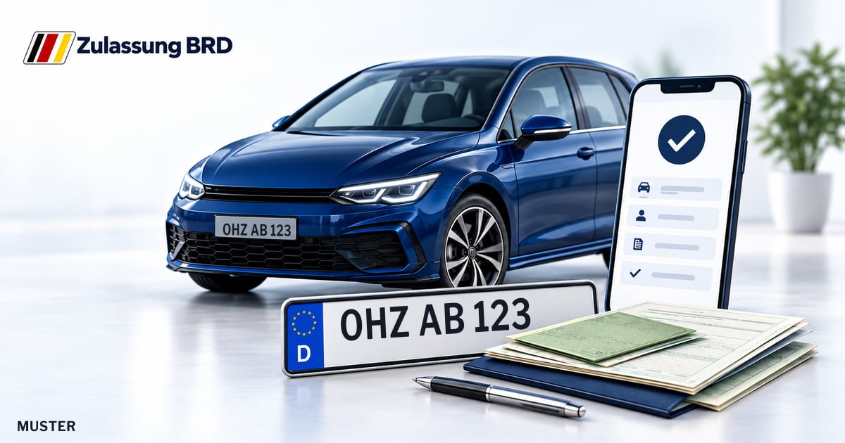 Online Fahrzeugzulassung in Osterholz-Scharmbeck: Musterkennzeichen OHZ AB 123, Auto und Fahrzeugpapiere und Smartphone. Illustration mit Logo von Zulassung BRD.